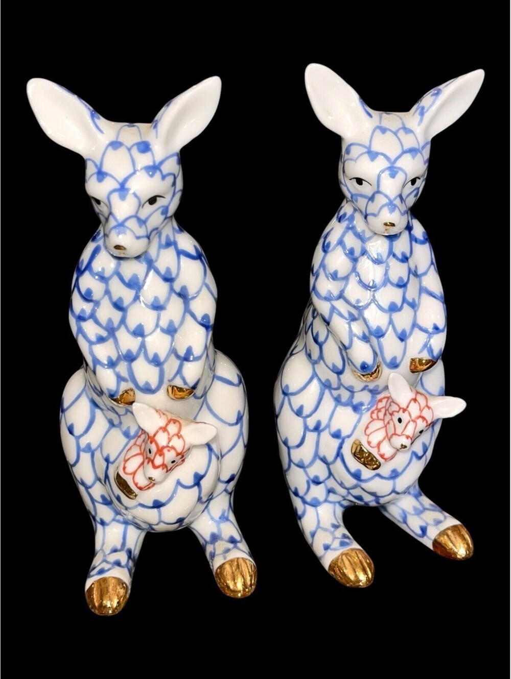 Pair of Blue White Fishnet Kangaroo Figurines with Joeys Herend Style Decor 5”